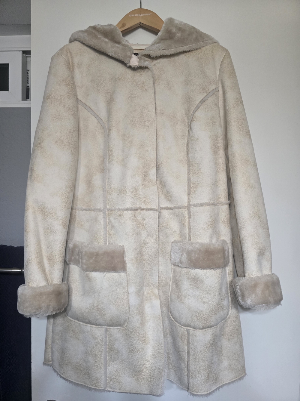 Cream Faux Shearling Coat with Hood By Johnston & Murphy